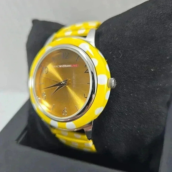 Womens Isaac Mizrahi Live Quartz Watch Yellow Polka Dot 38mm Stretch New Battery - Picture 2 of 7